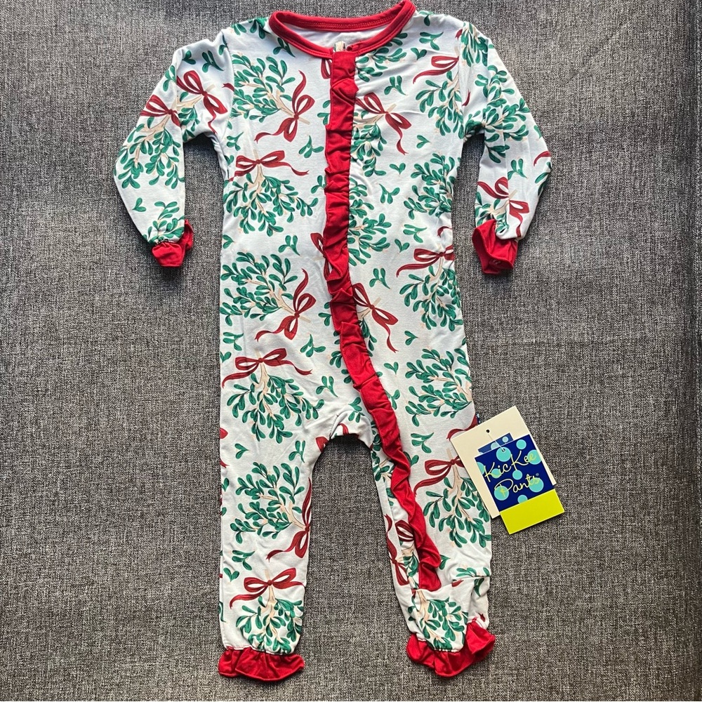 NWT Kickee Pants Muffin Ruffle Coverall Zipper Illusion Blue Mistletoe & Ribbons